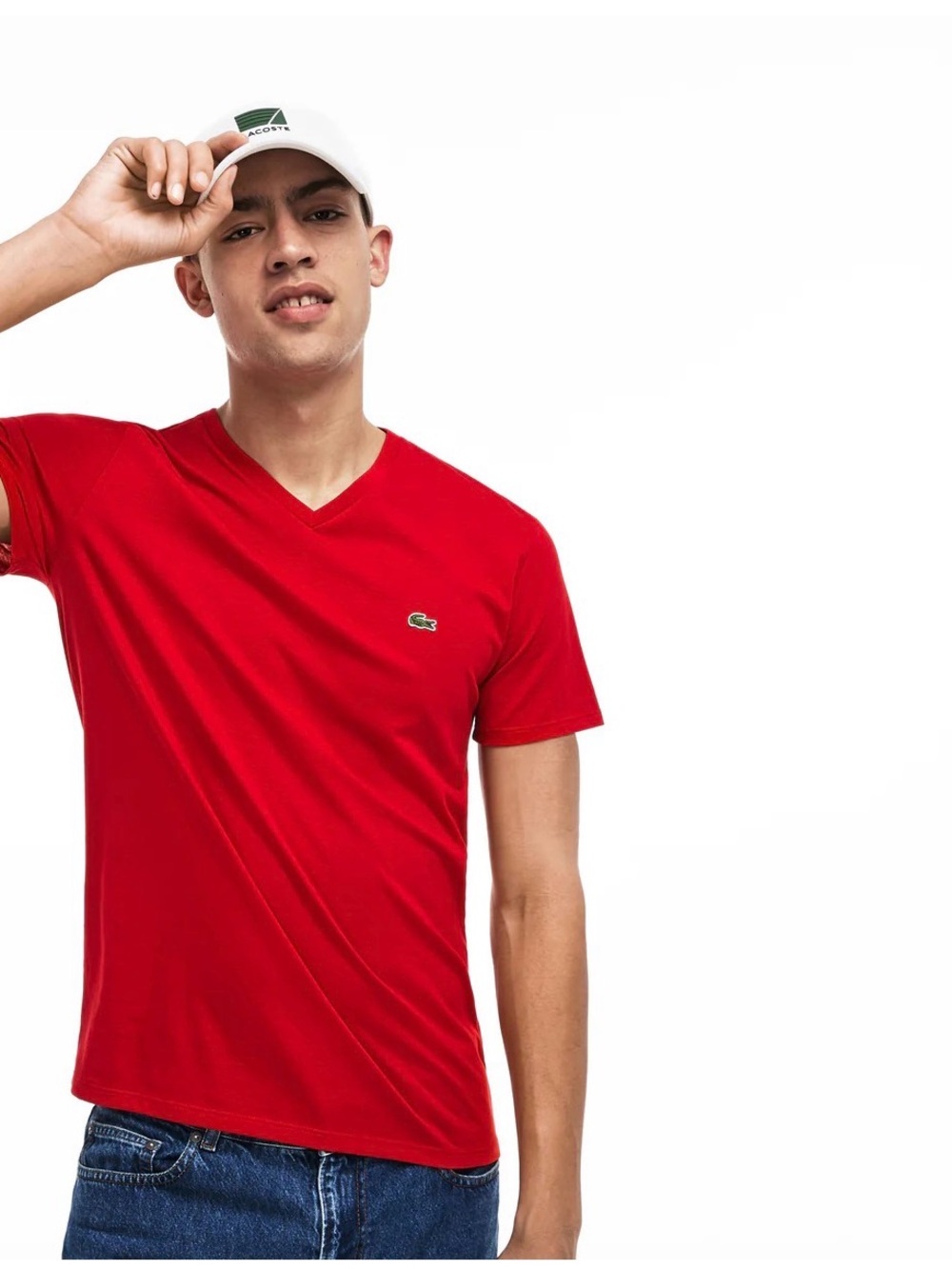 Lacoste Men's Bright Red V-Neck Pima Tee with Crocodile Logo